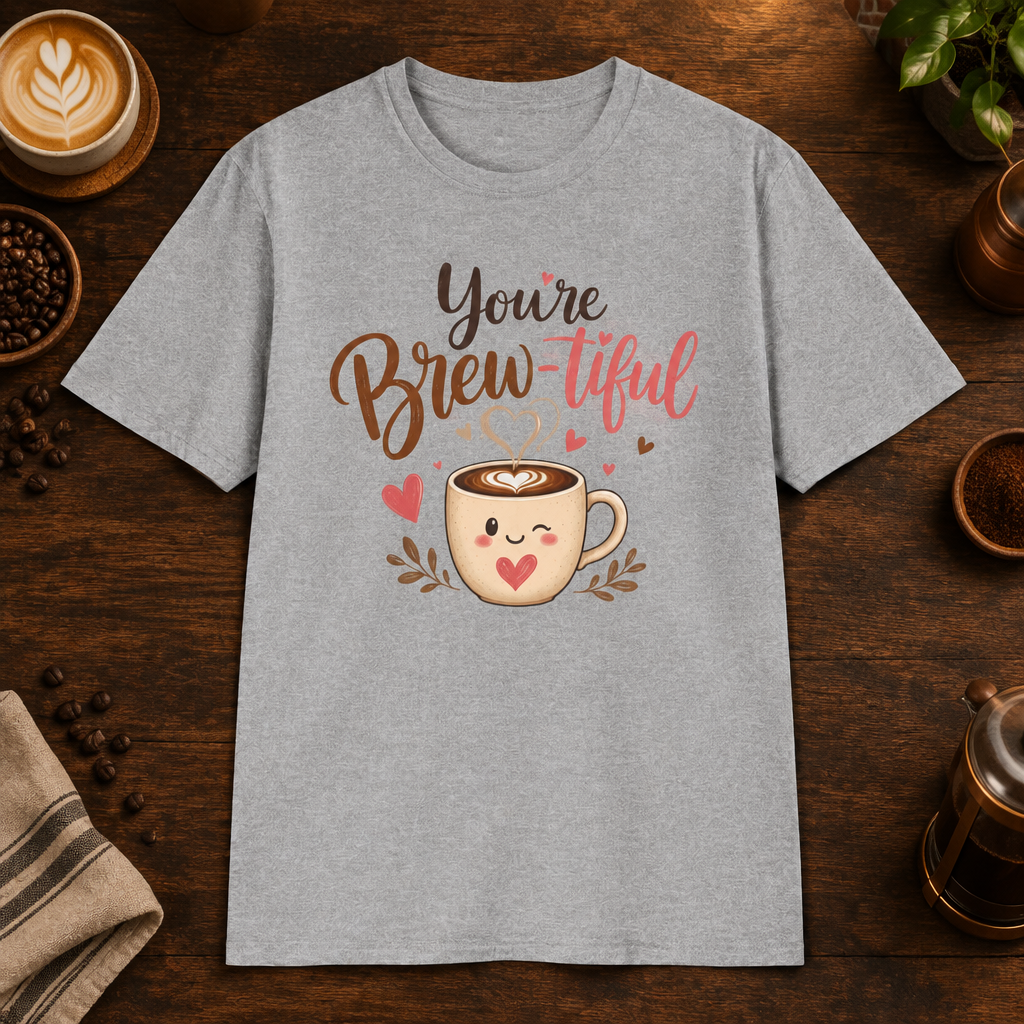 You’re Brew-tiful T-Shirt in Sport Grey, overhead coffee-bar flat-lay mockup