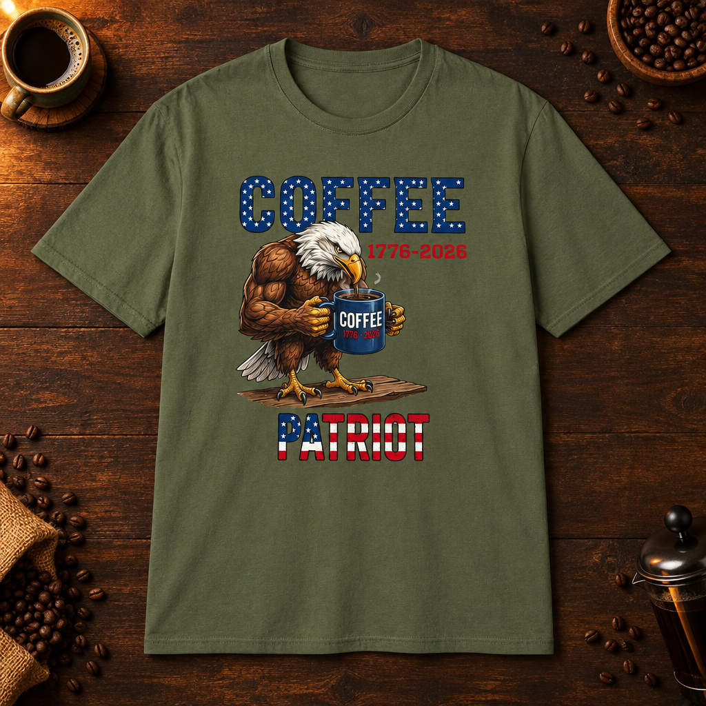 Coffee Patriot T-Shirt in Military Green, overhead coffee-bar flat-lay mockup