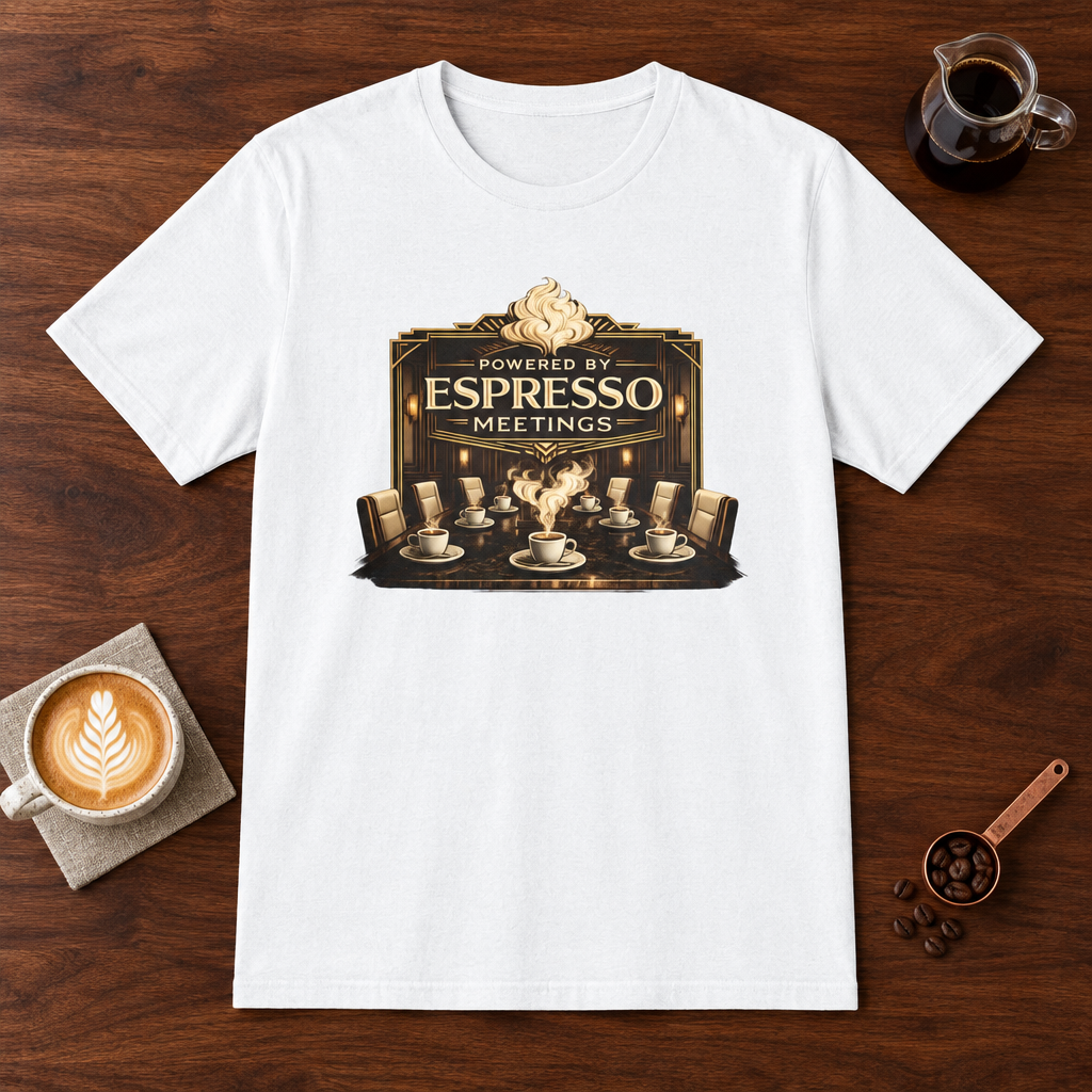 Powered by Espresso Meetings T-Shirt White coffee bar mockup