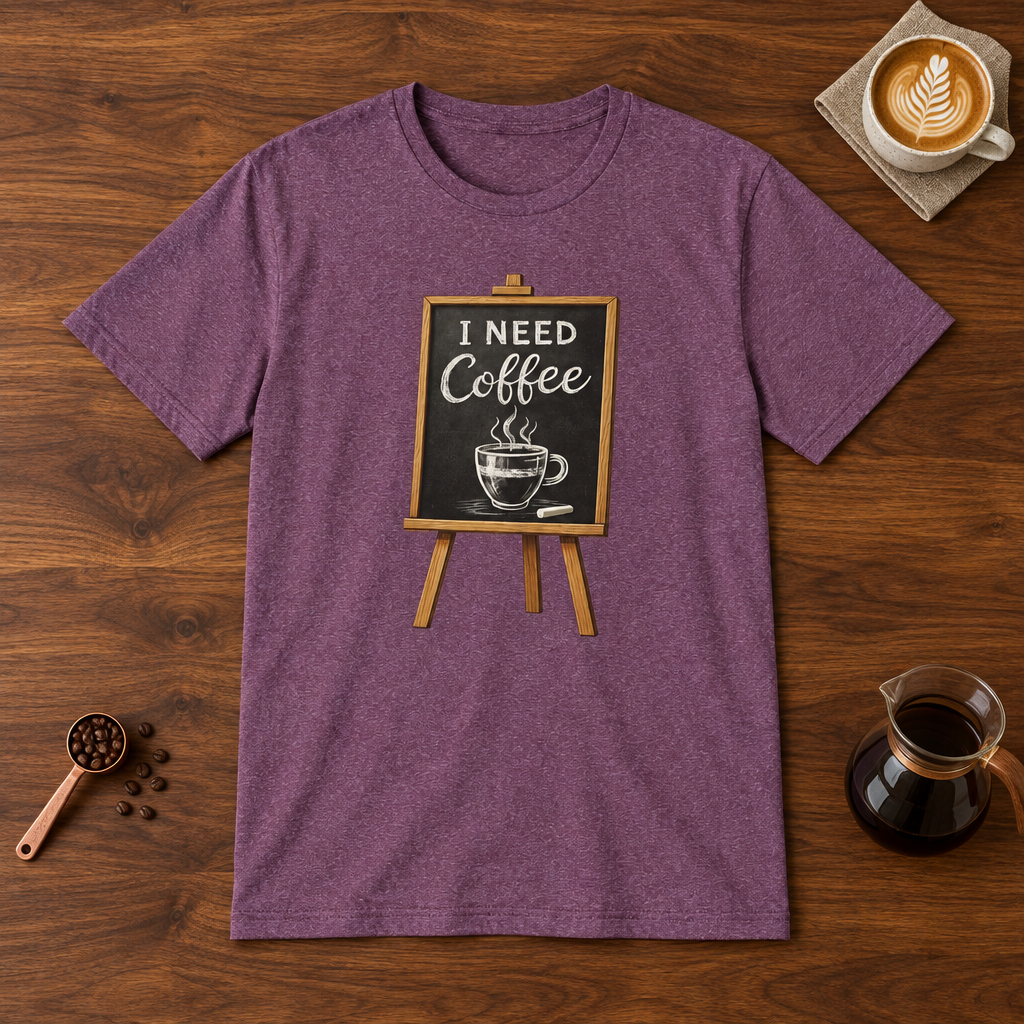 I Need Coffee T-Shirt Heather Maroon flat lay on walnut coffee bar