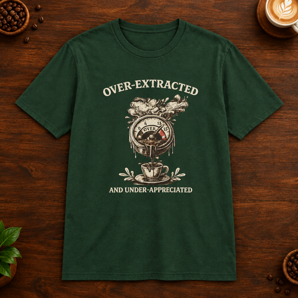 Over-Extracted T-Shirt in Forest Green on a wooden coffee-themed background