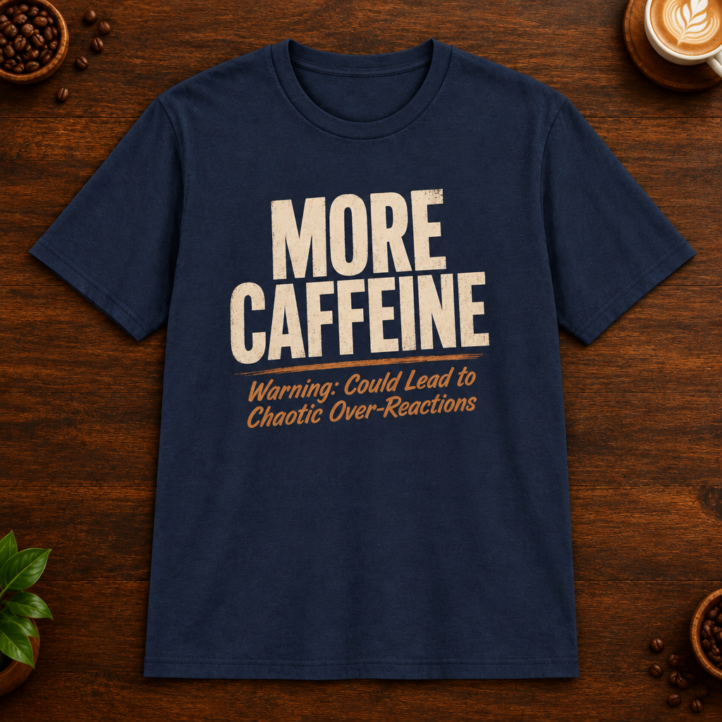 More Caffeine T-Shirt in Navy on a dark wood coffee bar