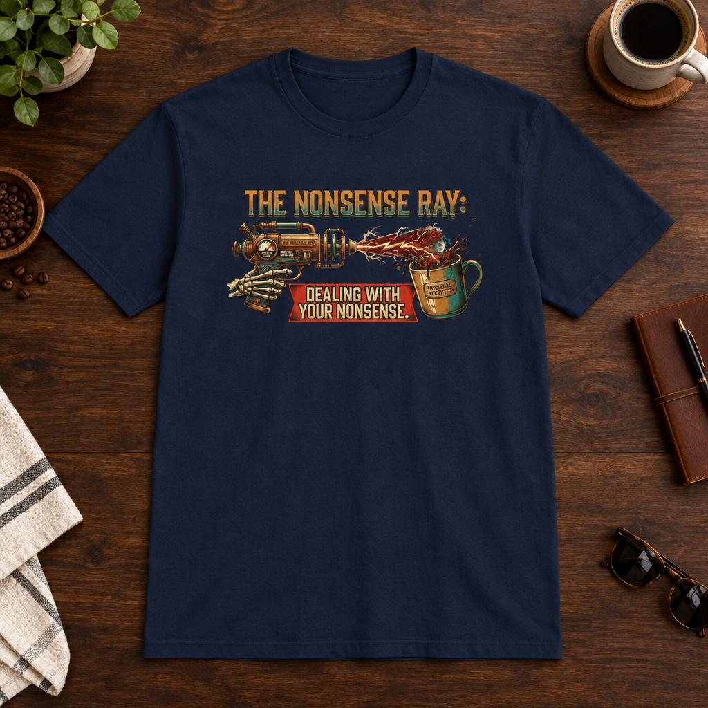 Nonsense Ray T-Shirt Navy short-sleeve coffee-bar flat lay