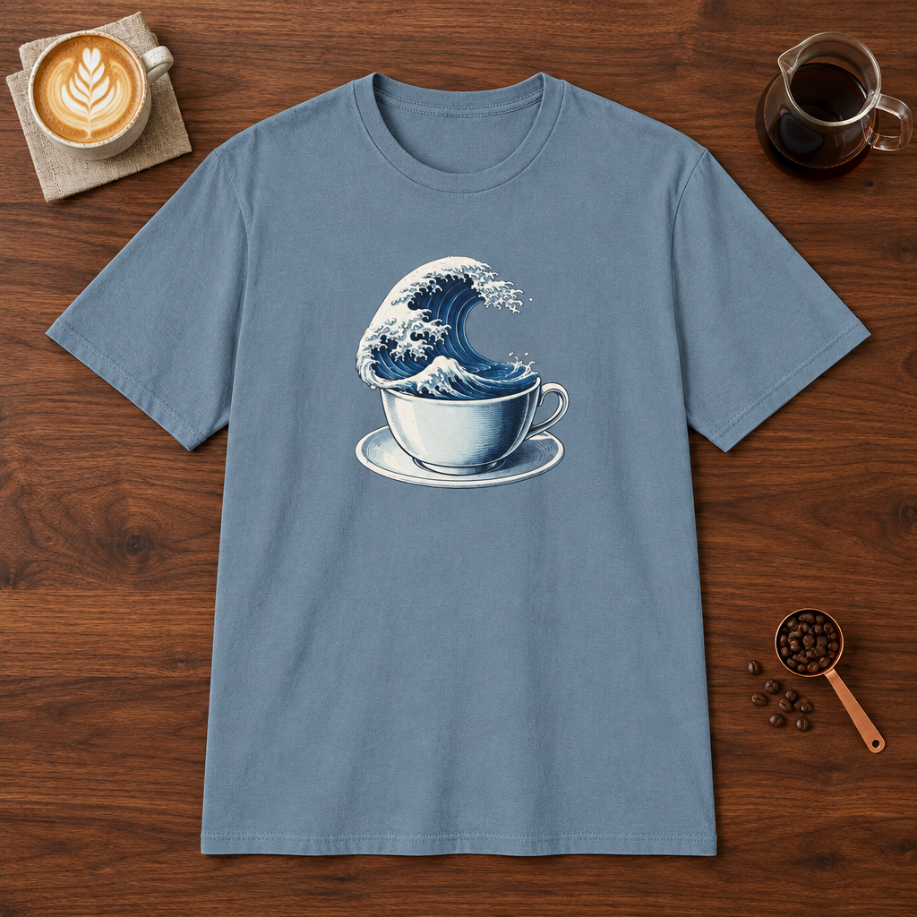 Coffee Tsunami T-Shirt Stone Blue coffee bar mockup
