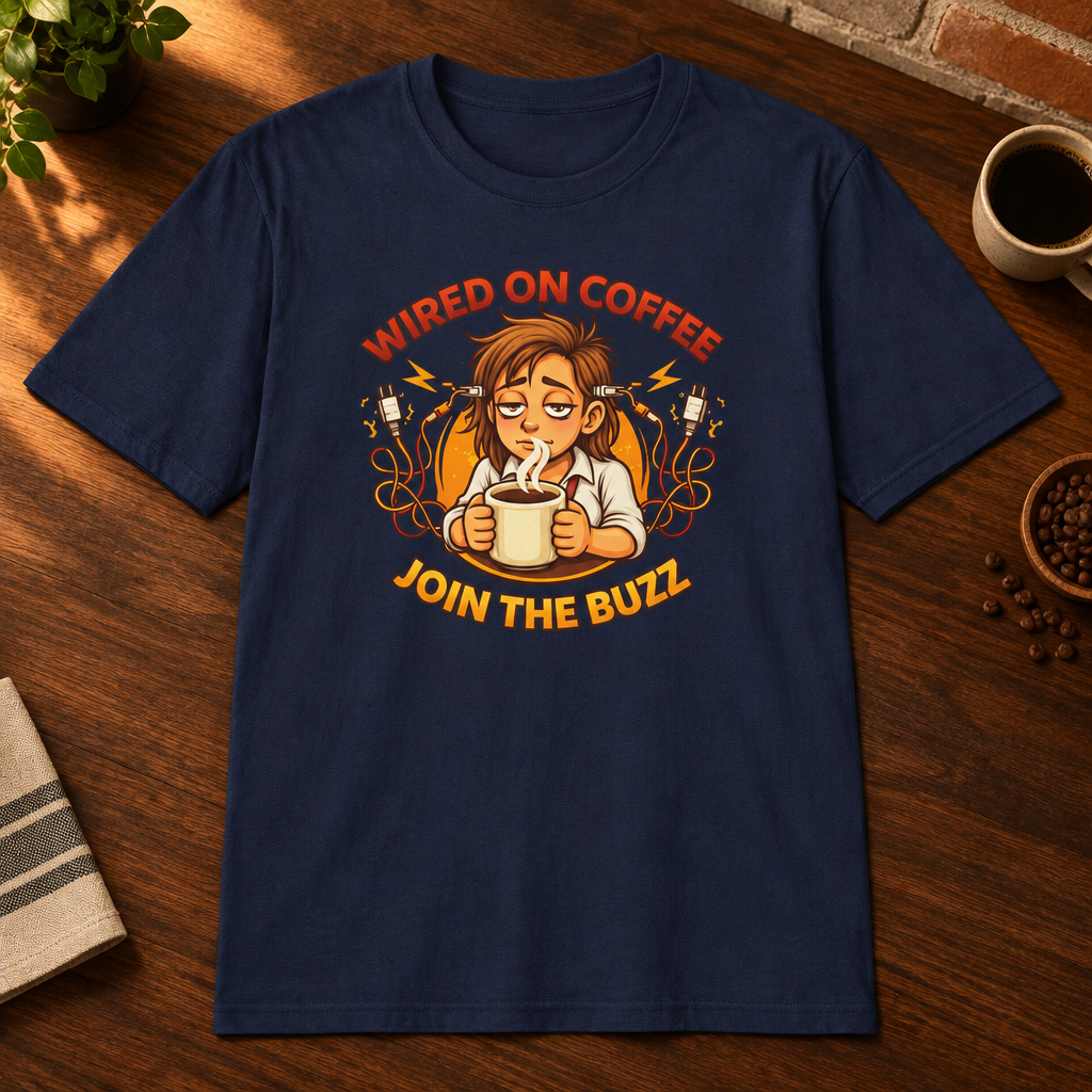 Wired on Coffee T-Shirt Navy close-fill short-sleeve coffee-bar flat lay