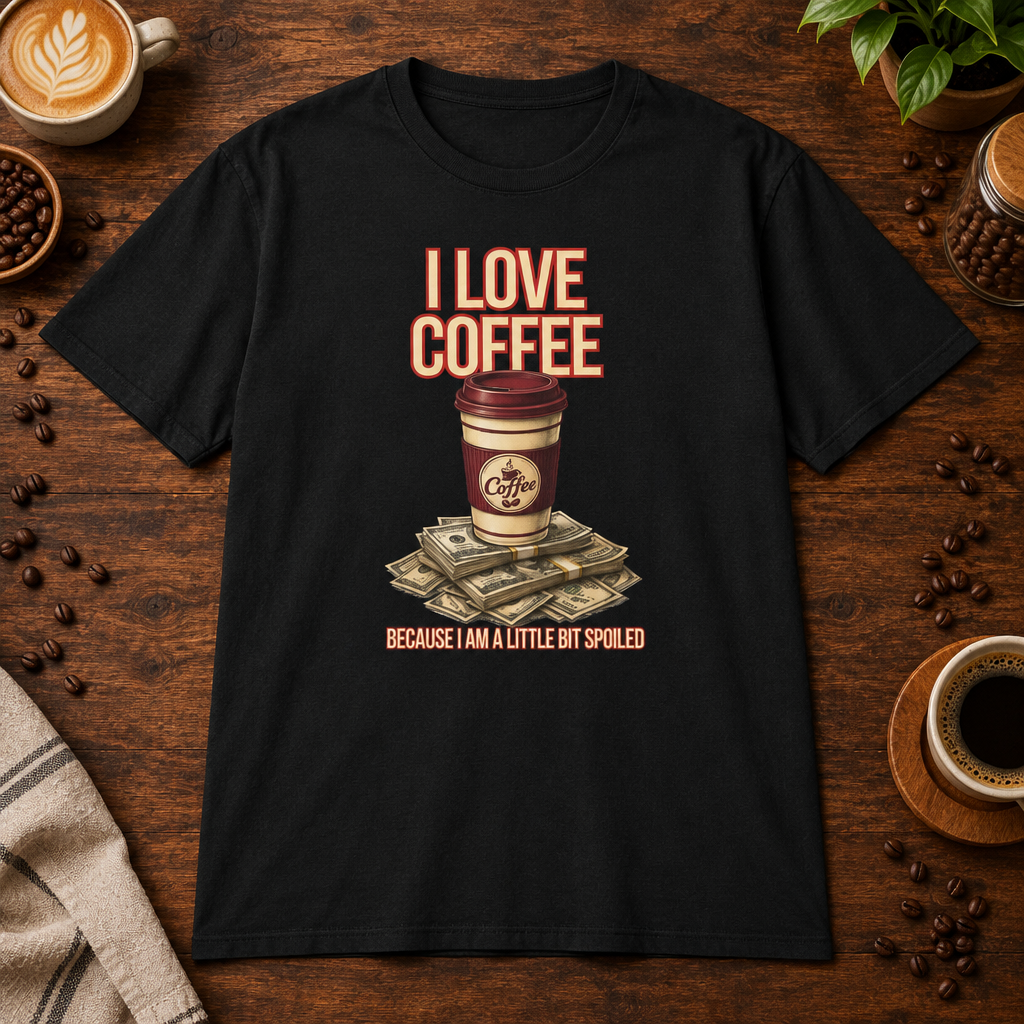 I Love Coffee T-Shirt Black on warm coffee bar