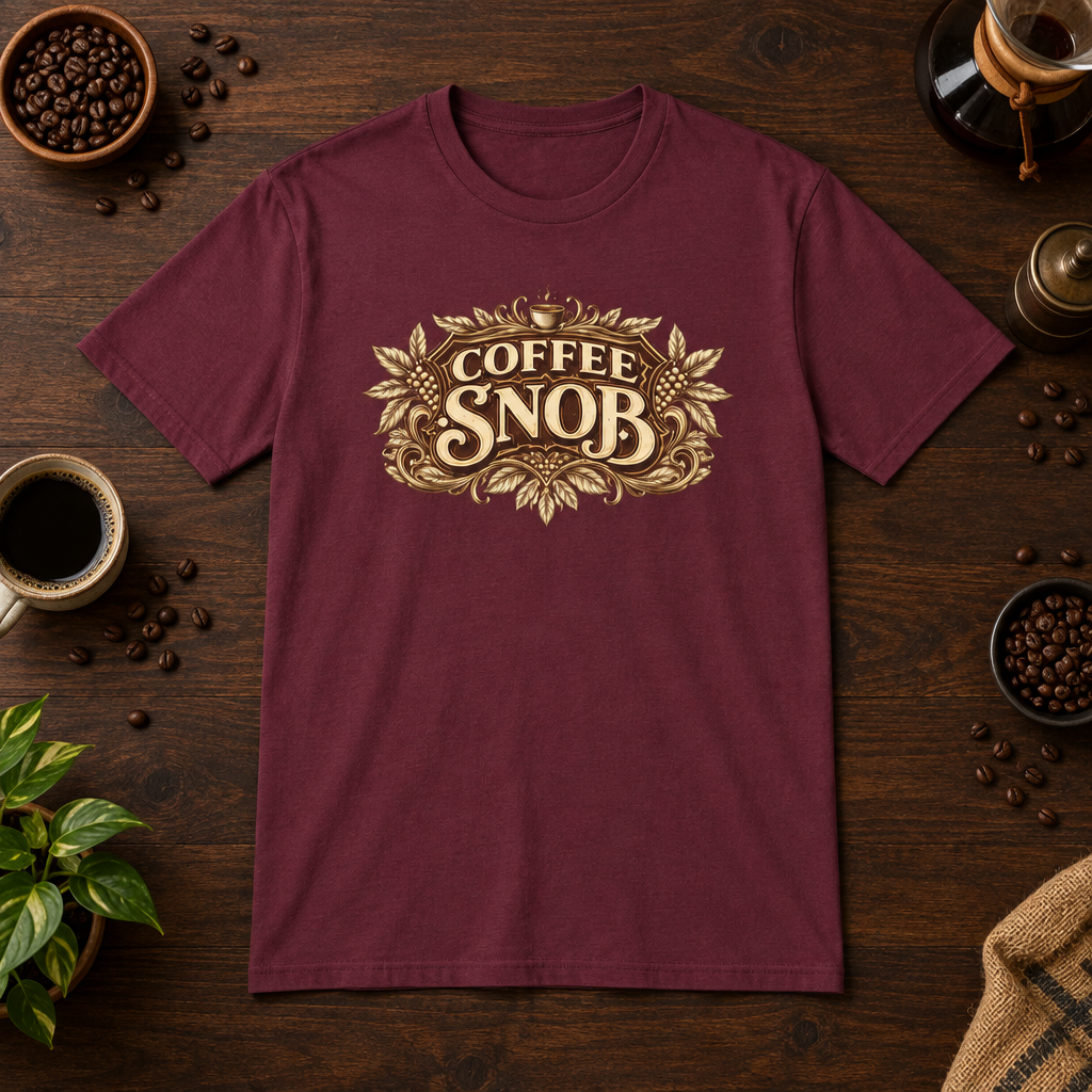 Coffee Snob T-Shirt Maroon short-sleeve coffee-bar flat lay