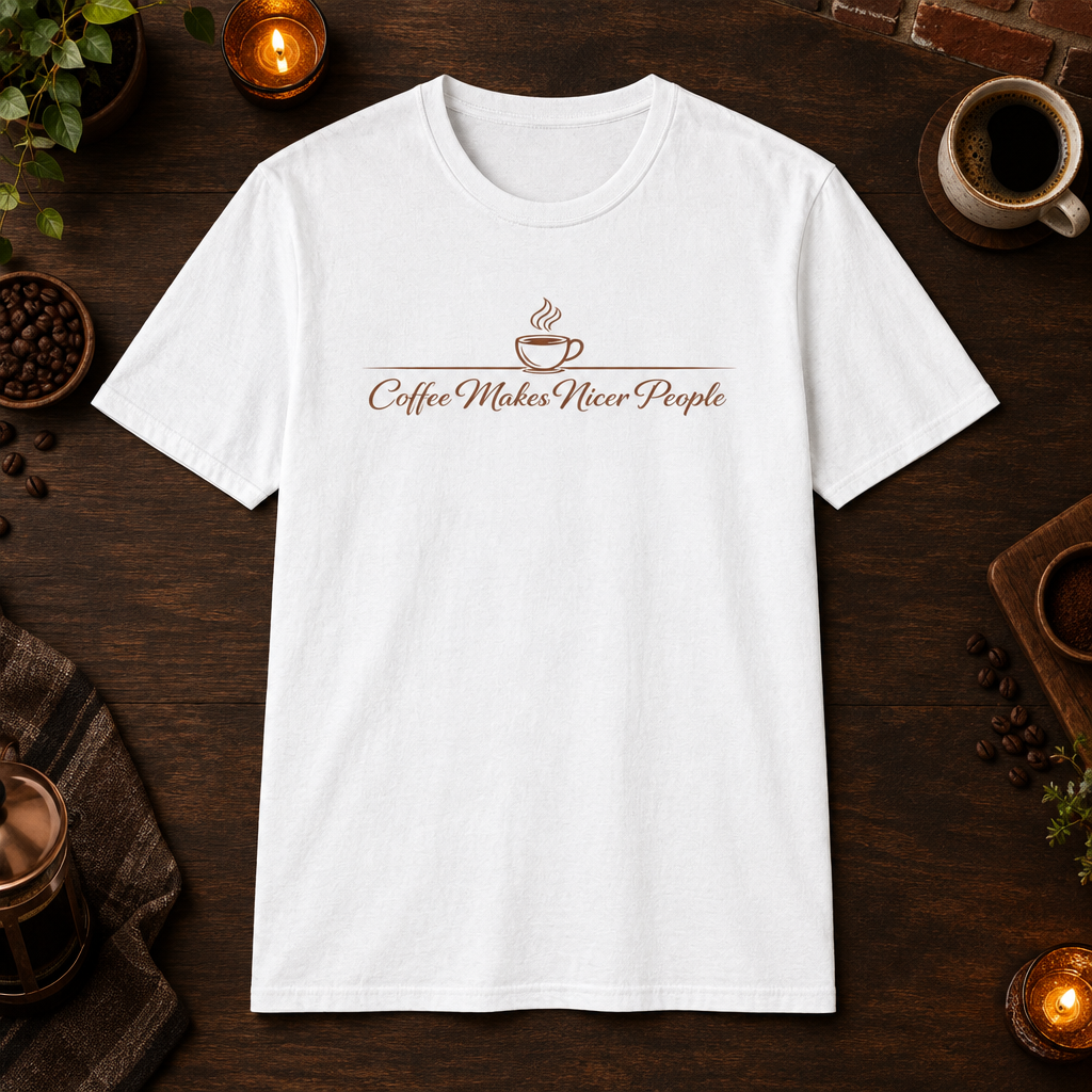 Nicer People T-Shirt in White, coffee bar flat lay mockup