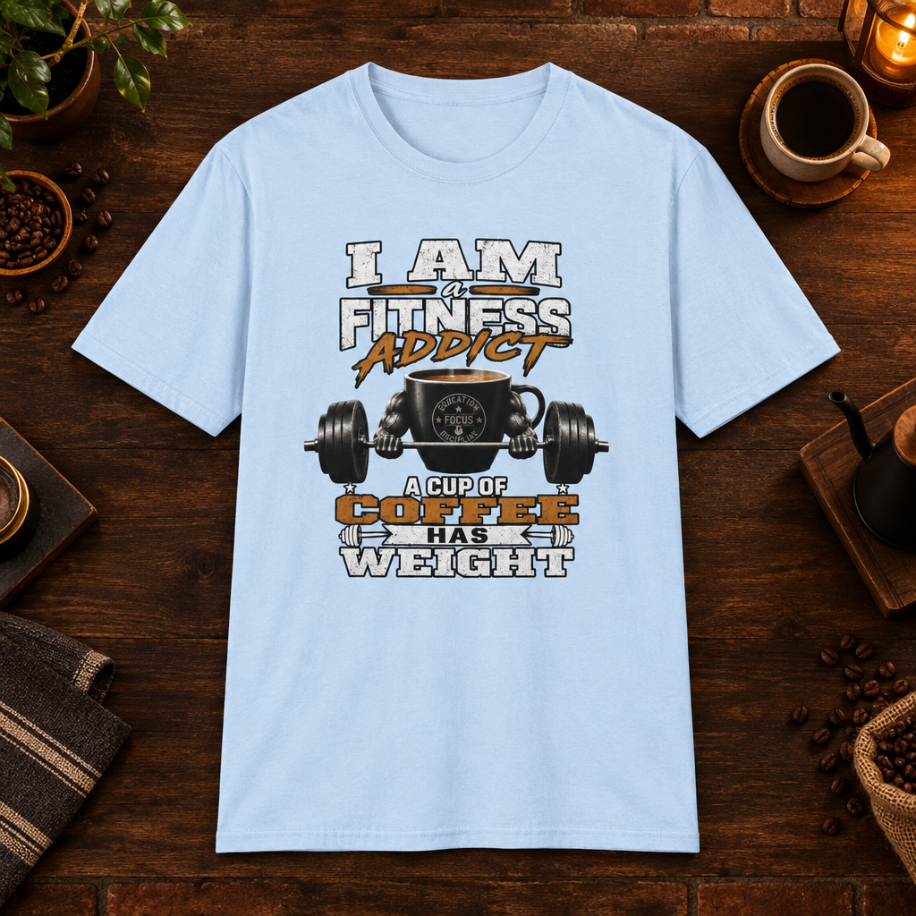 I Am a Fitness Addict T-Shirt in Light Blue, coffee bar flat lay mockup