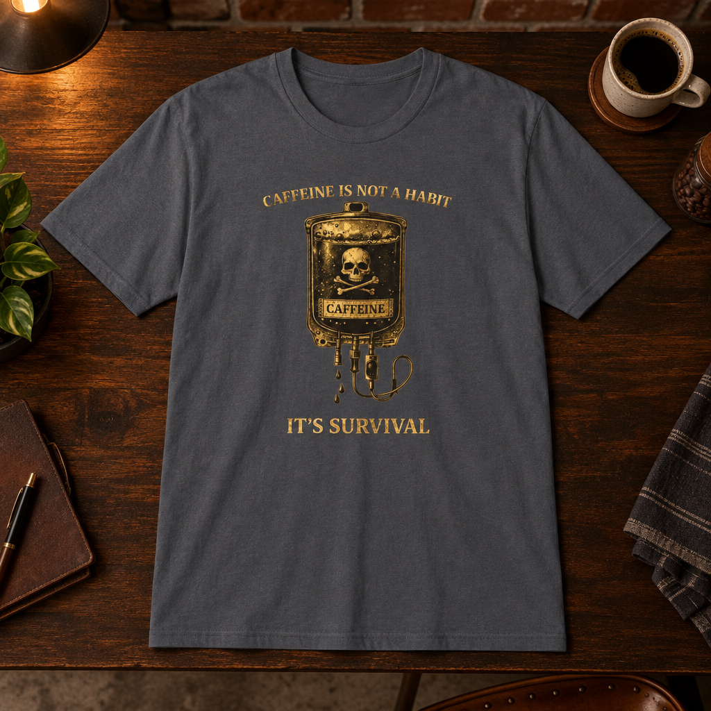 Caffeine Is Not A Habit T-Shirt Charcoal close-fill short-sleeve warm coffee-bar flat lay