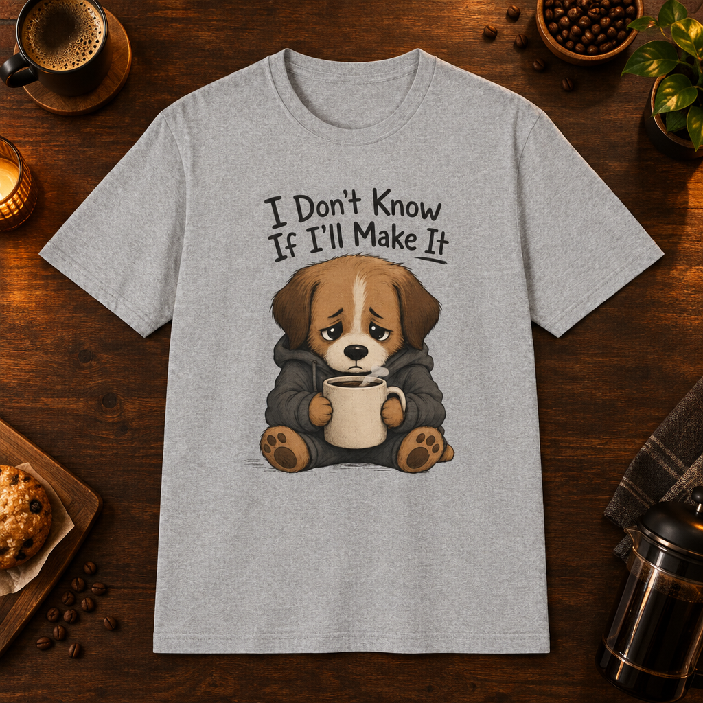I Don't Know If I'll Make It T-Shirt in Sport Grey, coffee bar flat lay mockup