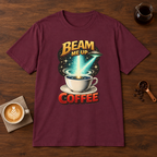 Beam Me Up Coffee T-Shirt Maroon coffee bar mockup