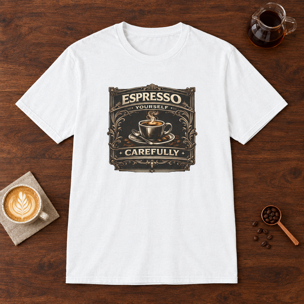 Espresso Yourself Carefully T-Shirt White coffee bar mockup