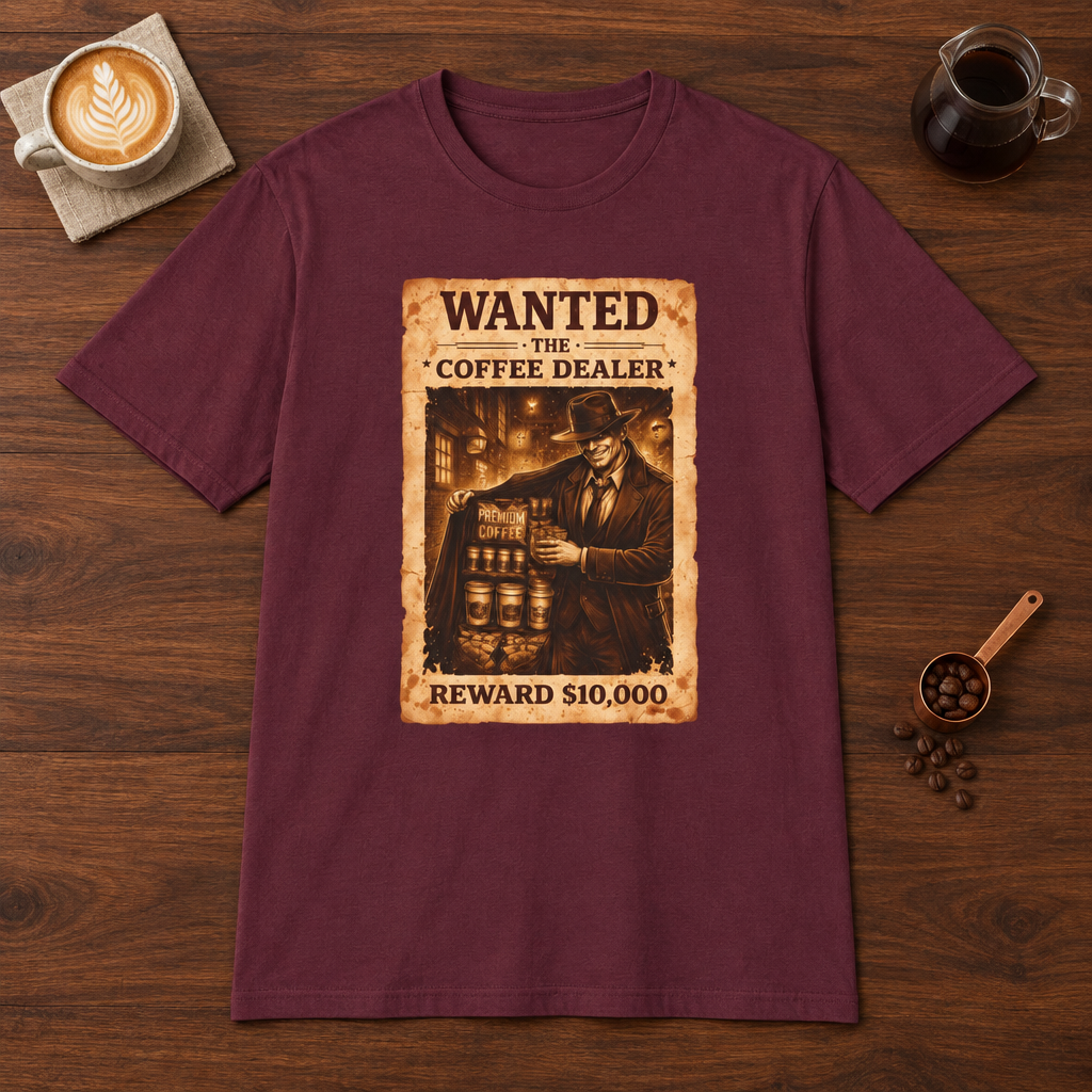 Wanted T-Shirt Maroon coffee bar mockup