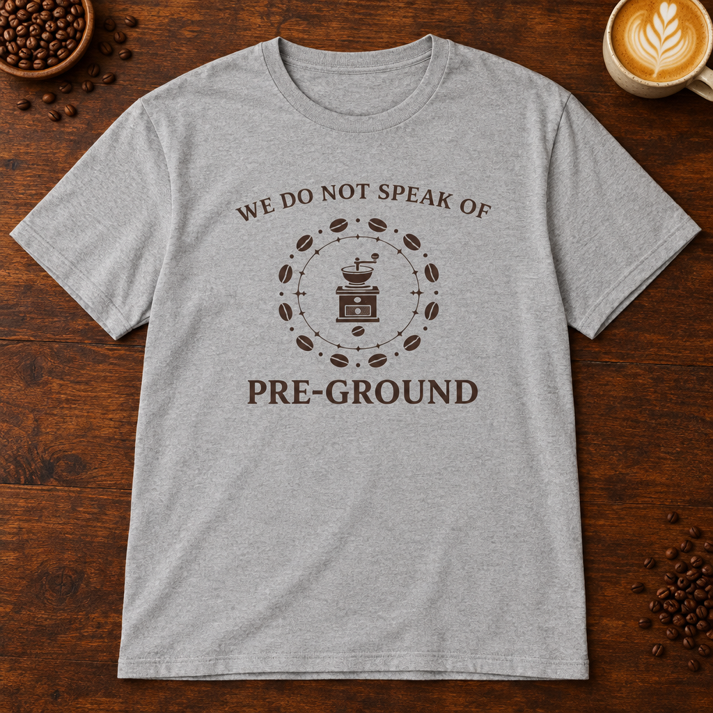 Pre-Ground T-Shirt in Sport Grey on a dark wood coffee bar