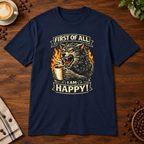 I Am Happy T-Shirt Navy on warm coffee bar