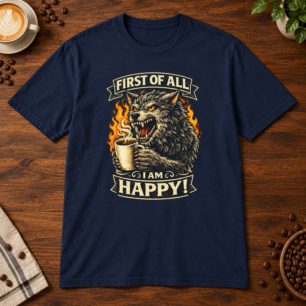 I Am Happy T-Shirt Navy on warm coffee bar