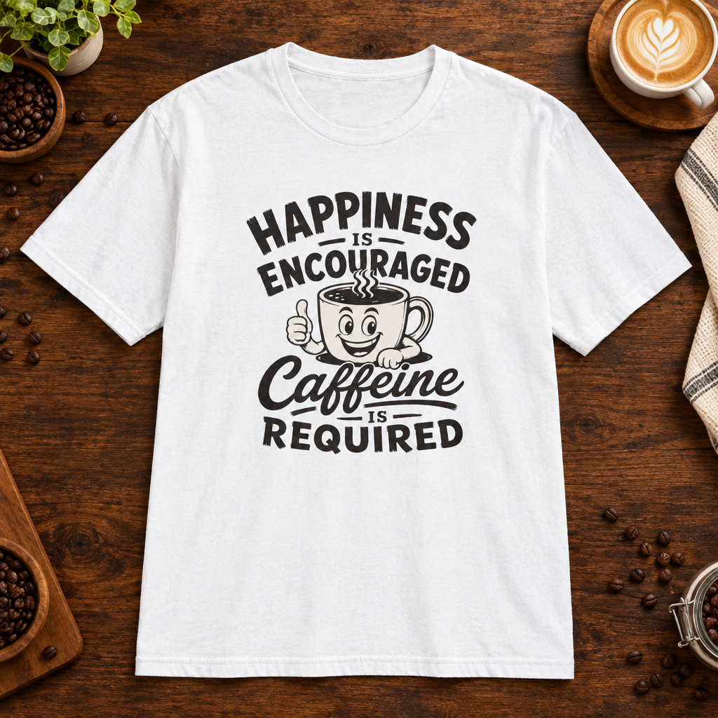 Caffeine is Required T-Shirt White on warm coffee bar