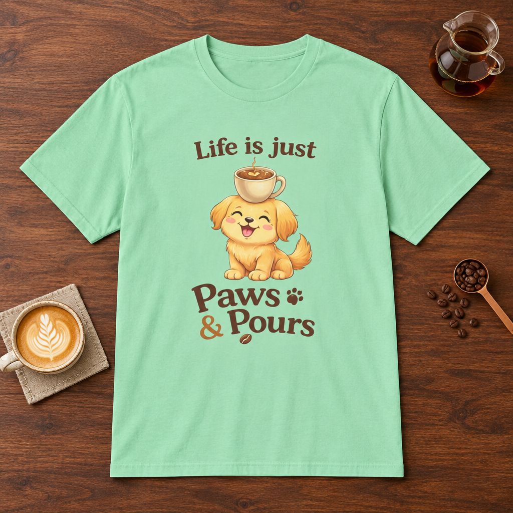 Paws & Pours T-Shirt Mint Green coffee bar mockup