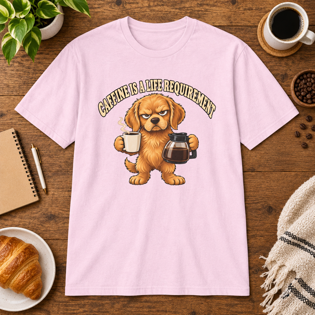 Caffeine is a Life Requirement T-Shirt in Black, lifestyle mockup