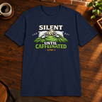 Silent Until Caffeinated T-Shirt Navy close-fill short-sleeve coffee-bar flat lay