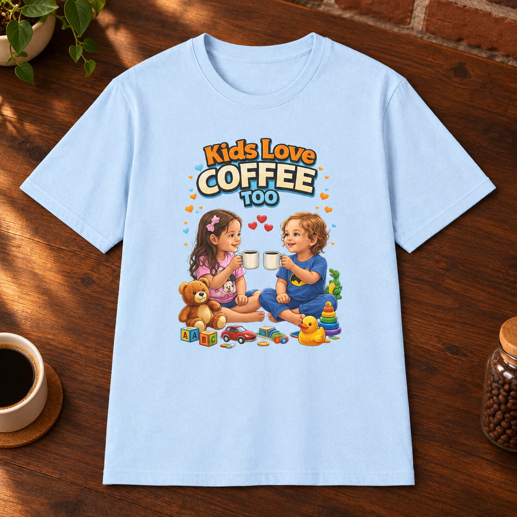 Kids Love Coffee Too T-Shirt Light Blue close-fill short-sleeve coffee-bar flat lay