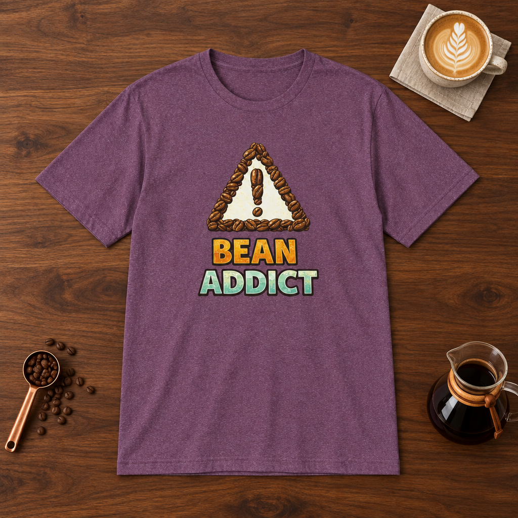 Bean Addict T-Shirt Heather Maroon flat lay on walnut coffee bar