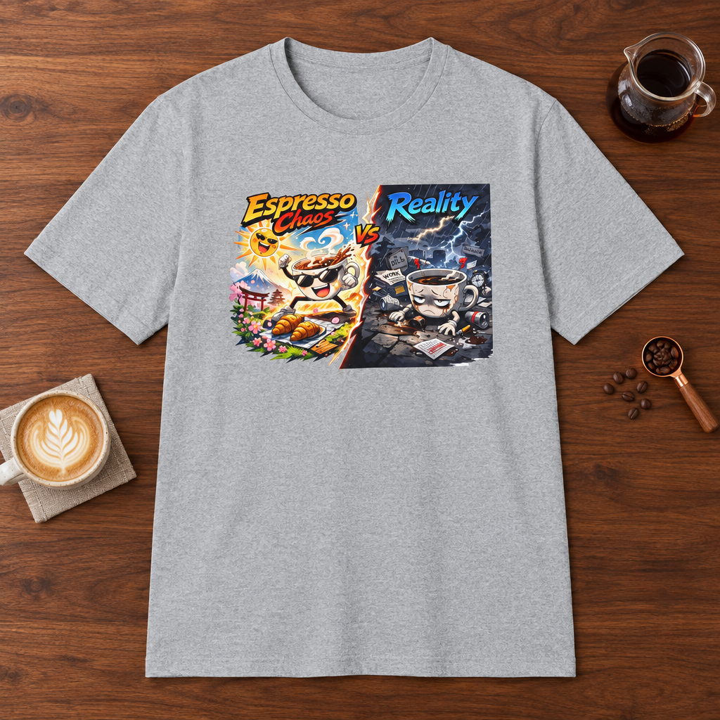 Espresso Chaos vs Reality T-Shirt Sport Grey coffee bar mockup