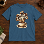I Need Coffee T-Shirt Indigo Blue short-sleeve coffee-bar flat lay