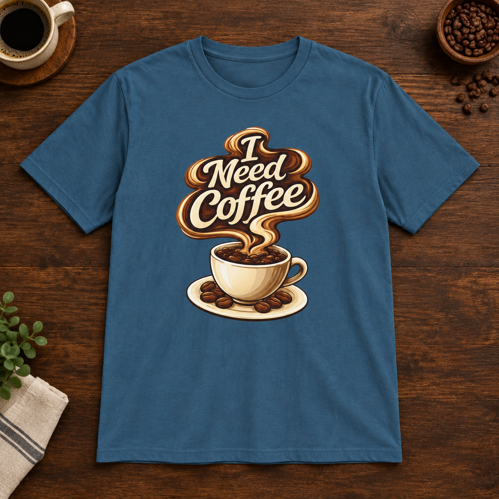 I Need Coffee T-Shirt Indigo Blue short-sleeve coffee-bar flat lay