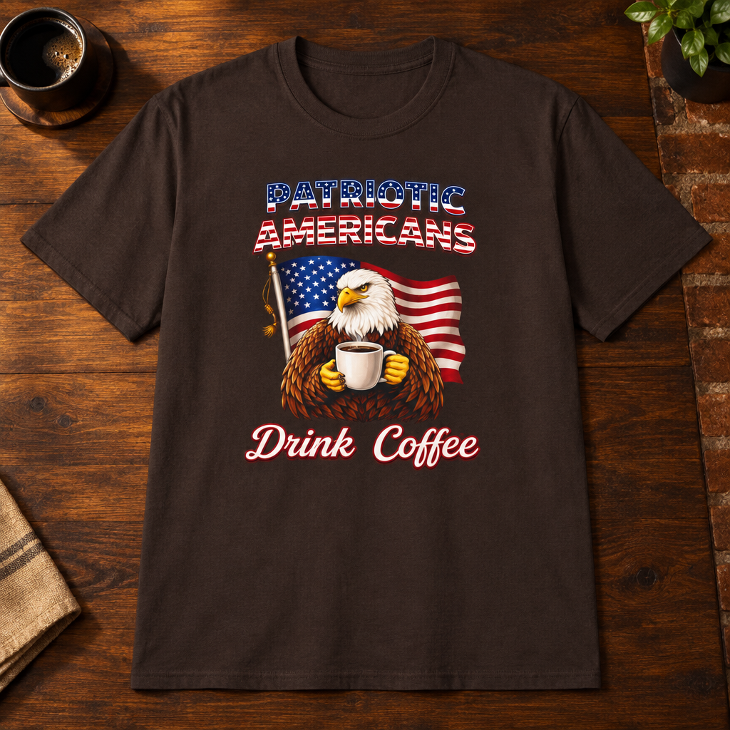 Patriotic Americans T-Shirt Dark Chocolate close-fill short-sleeve coffee-bar flat lay