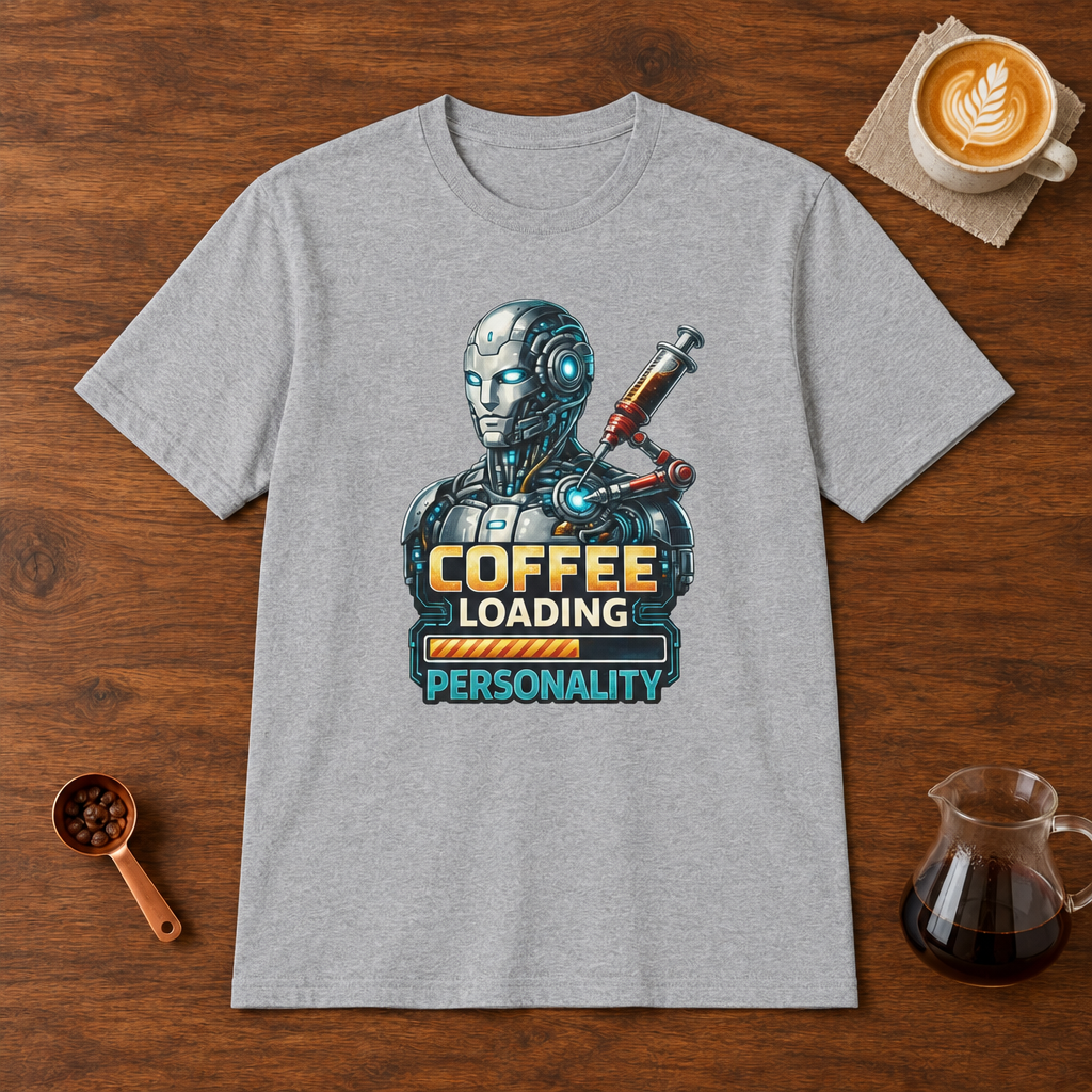 Coffee Loading Personality T-Shirt Sport Grey flat lay on walnut coffee bar