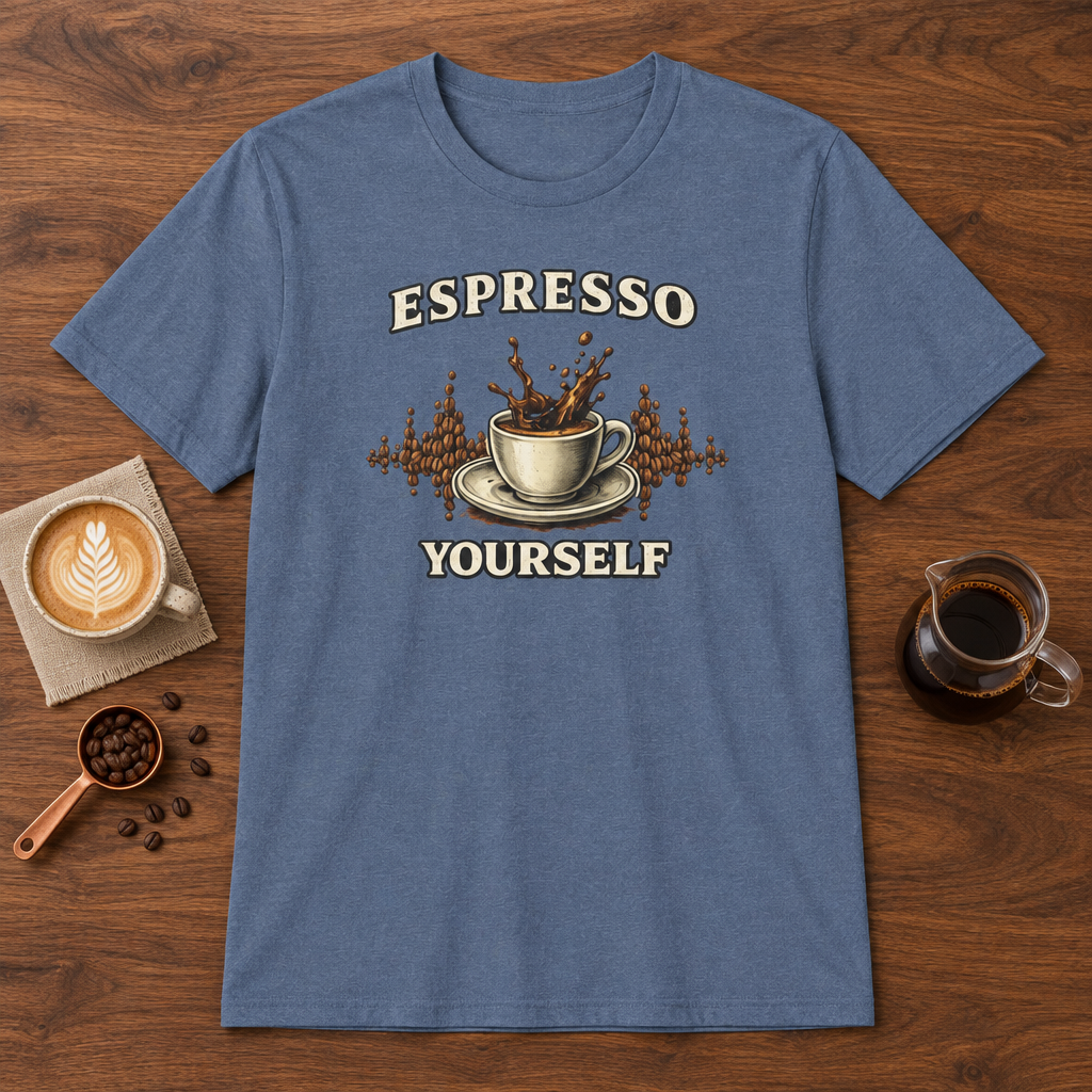 Espresso Yourself T-Shirt Heather Indigo coffee bar mockup