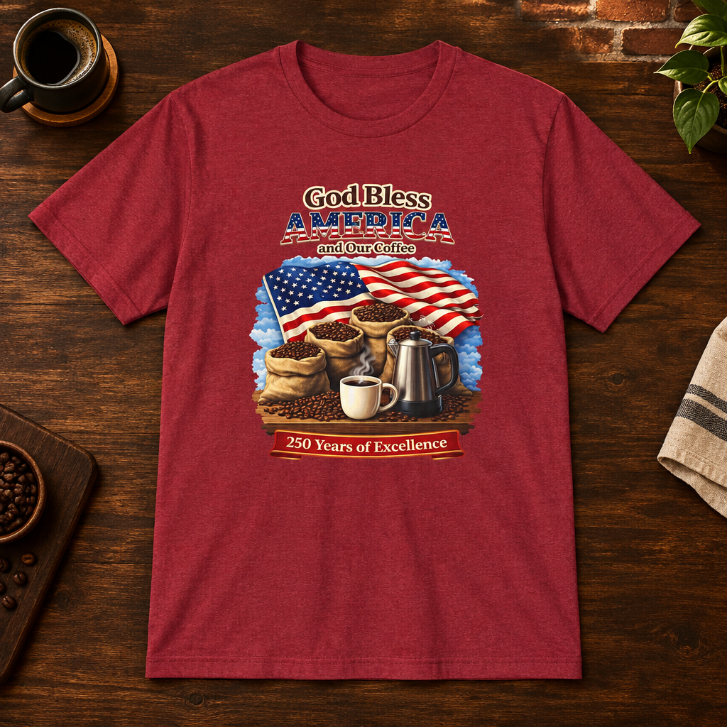 God Bless America T-Shirt Antique Cherry Red close-fill short-sleeve coffee-bar flat lay