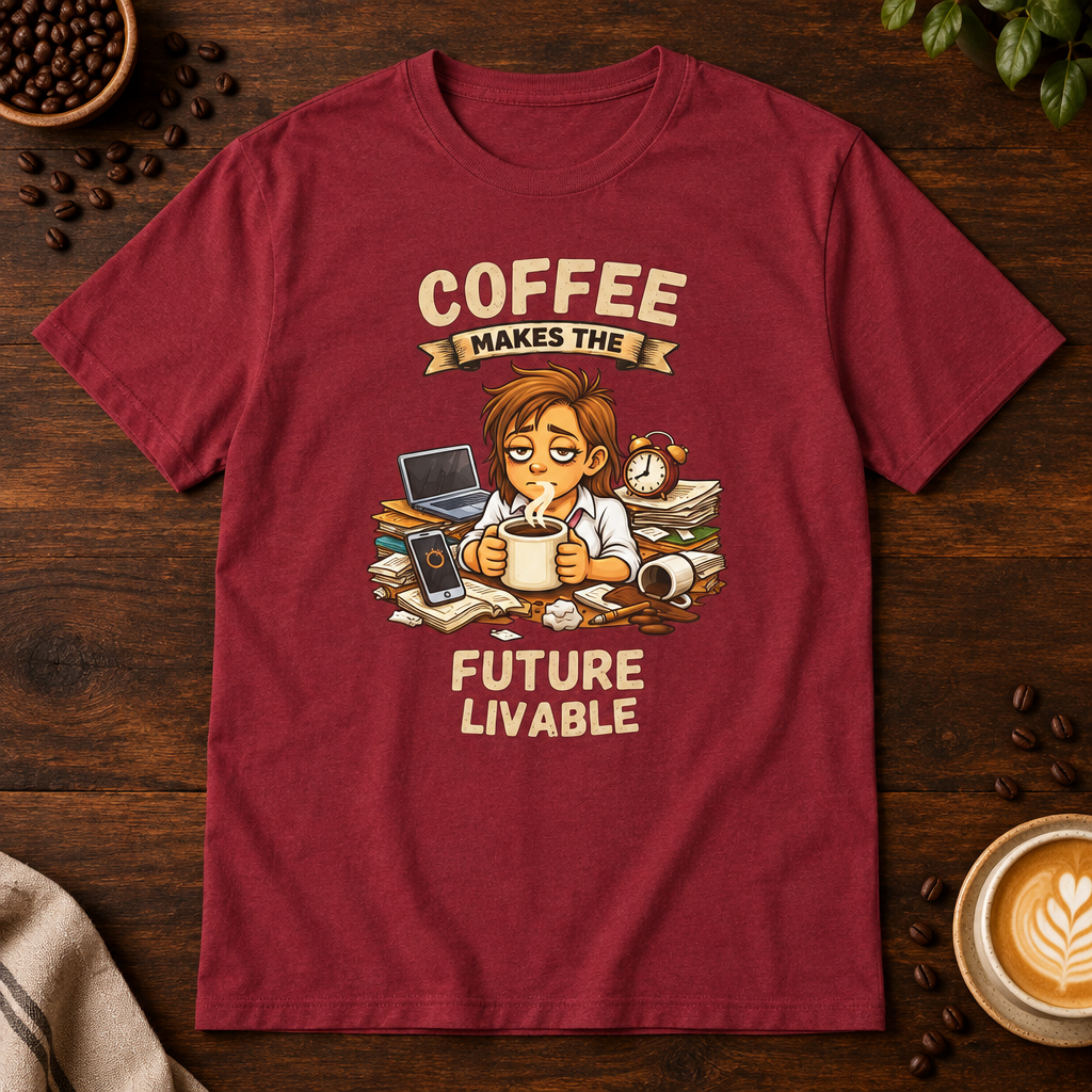 Coffee Makes the Woman T-Shirt in Antique Cherry Red on a dark wood coffee bar