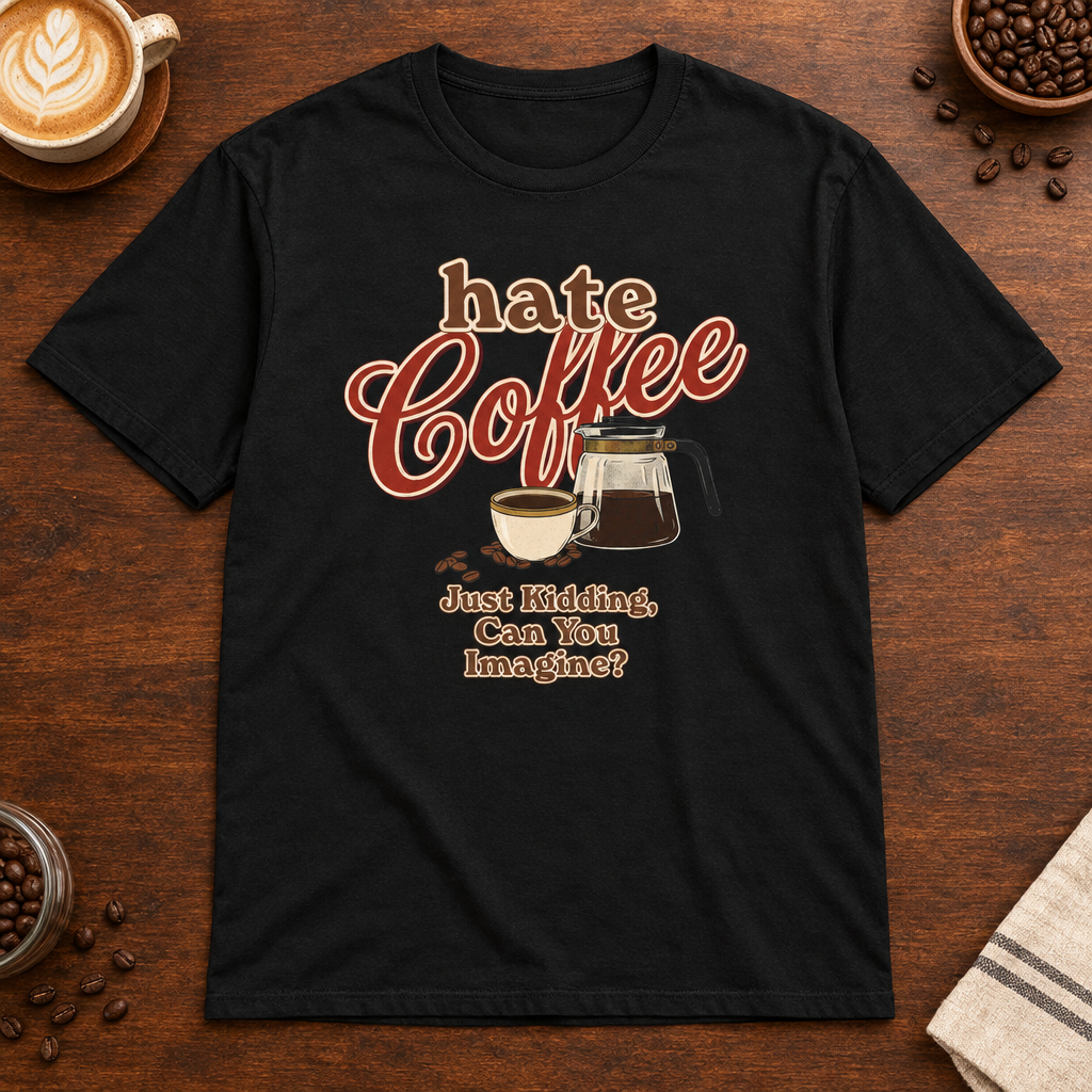 Hate Coffee T-Shirt Black on warm coffee bar