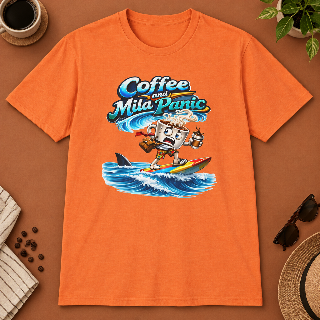 Coffee and Mild Panic T-Shirt in Antique Sapphire, zoomed lifestyle mockup