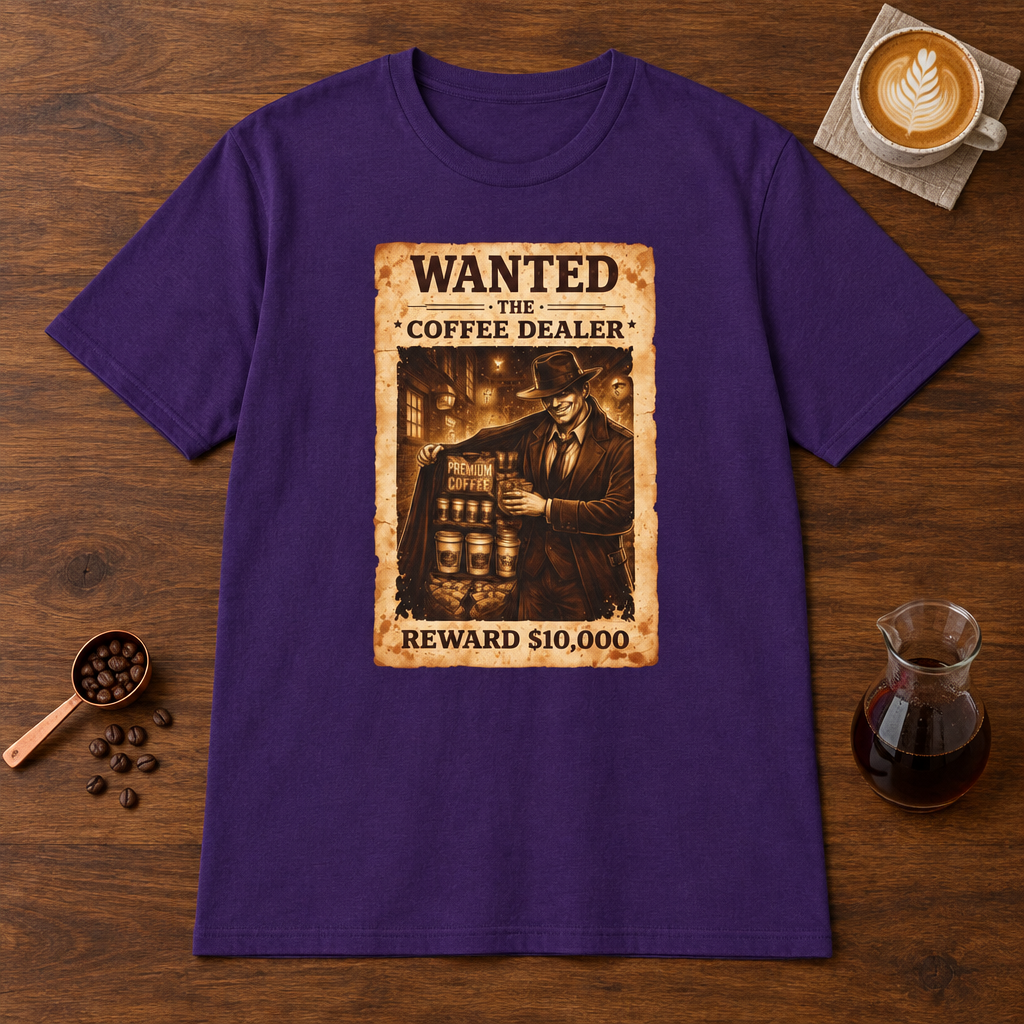 Wanted T-Shirt Purple coffee bar mockup