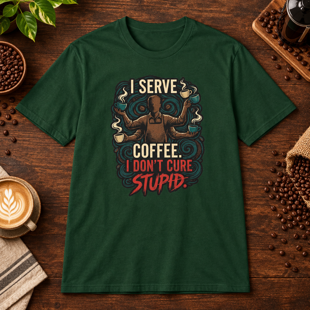 I Don't Cure Stupid T-Shirt Forest Green on warm coffee bar