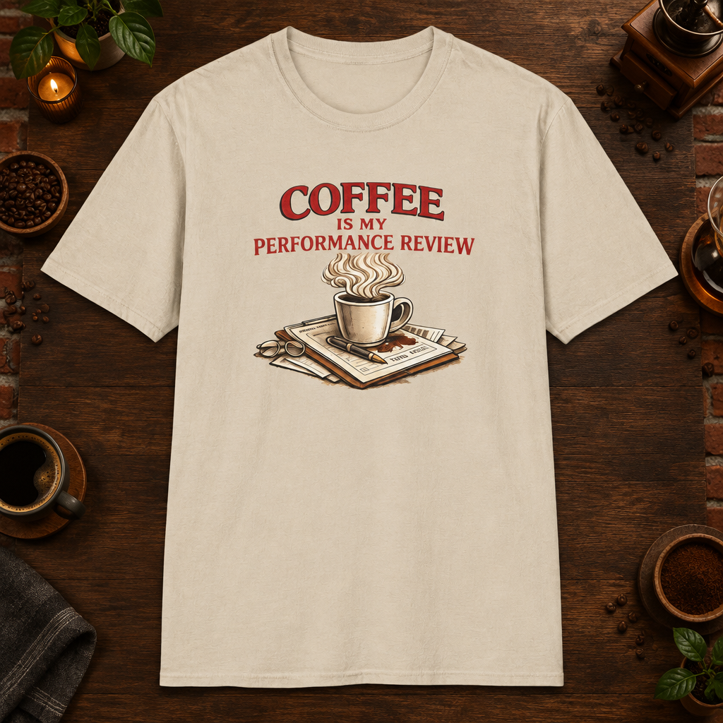 Coffee is My Performance Review T-Shirt in Sand, zoomed lifestyle mockup