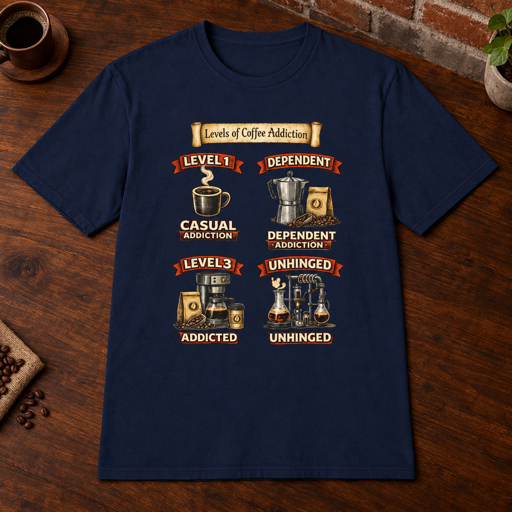 Levels of Coffee Addiction T-Shirt Navy close-fill short-sleeve coffee-bar flat lay