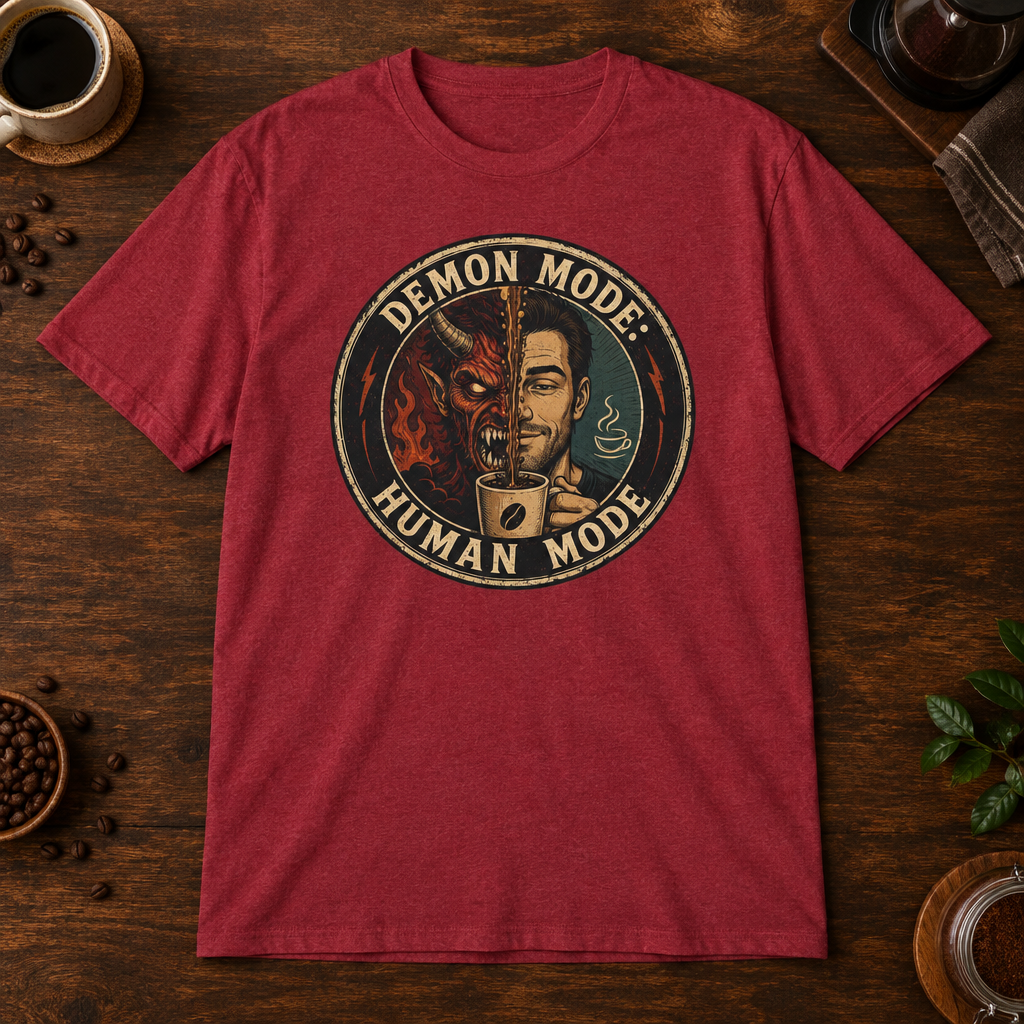 Demon Mode T-Shirt Antique Cherry Red coffee-bar flat lay