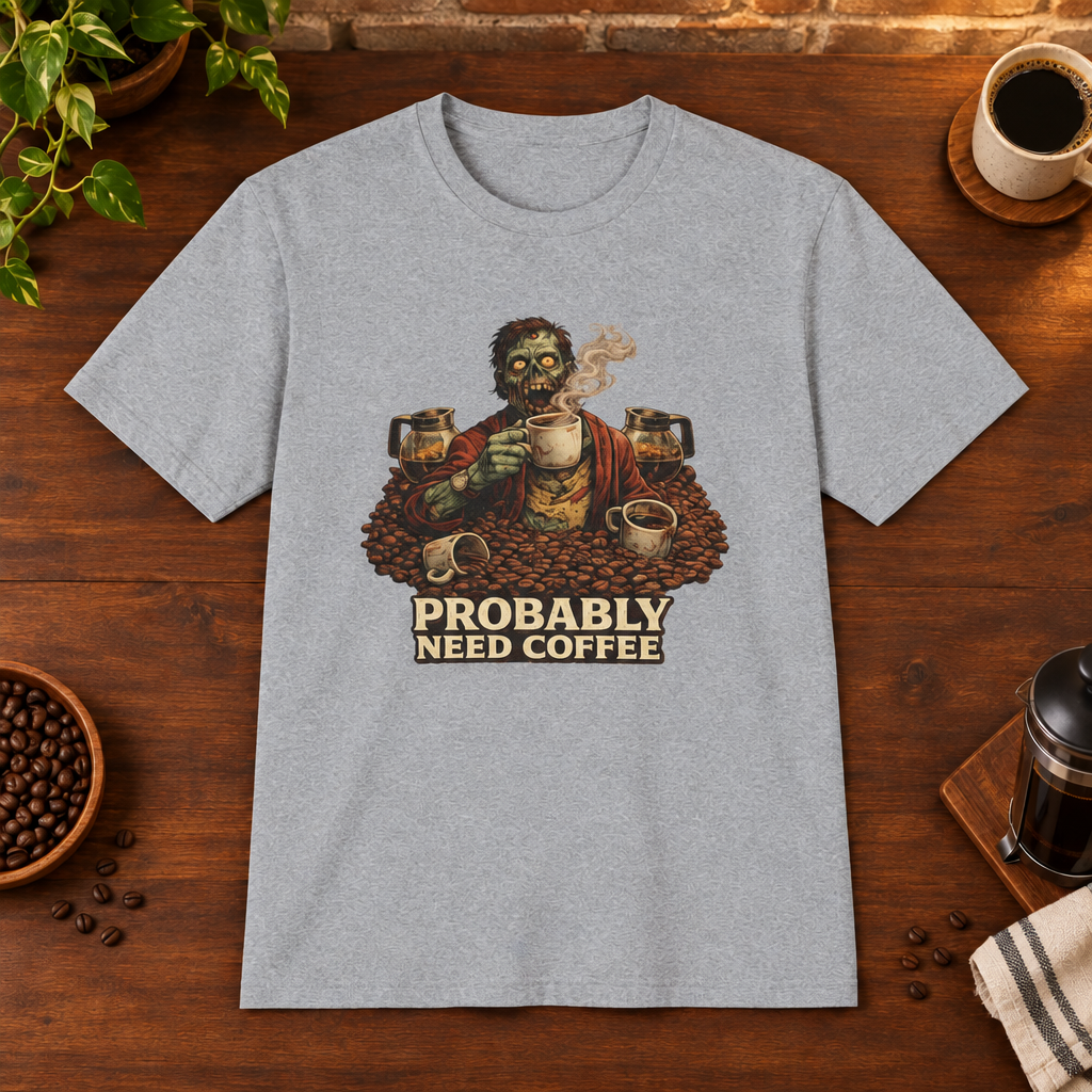 Probably Need Coffee Too T-Shirt Sport Grey coffee-bar flat lay, consistent framing