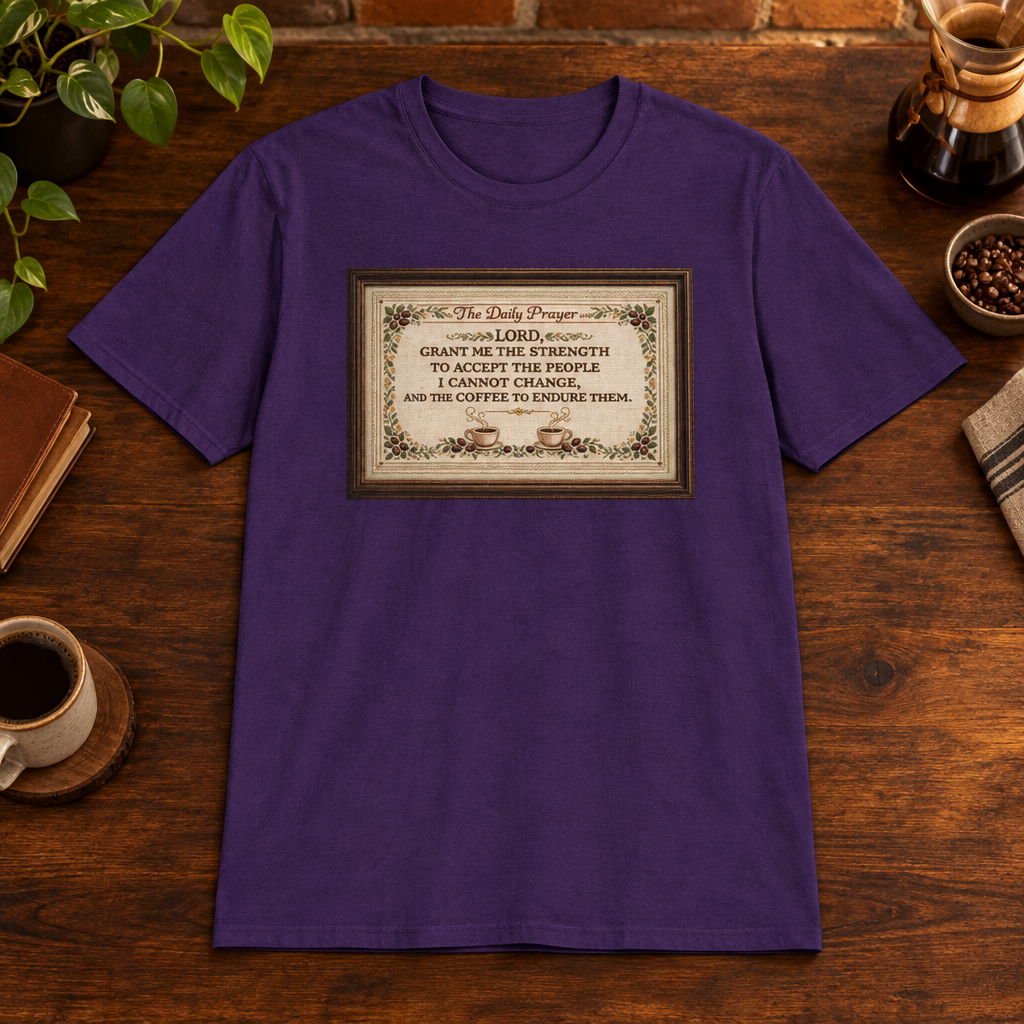 Daily Prayer T-Shirt Purple close-fill short-sleeve coffee-bar flat lay