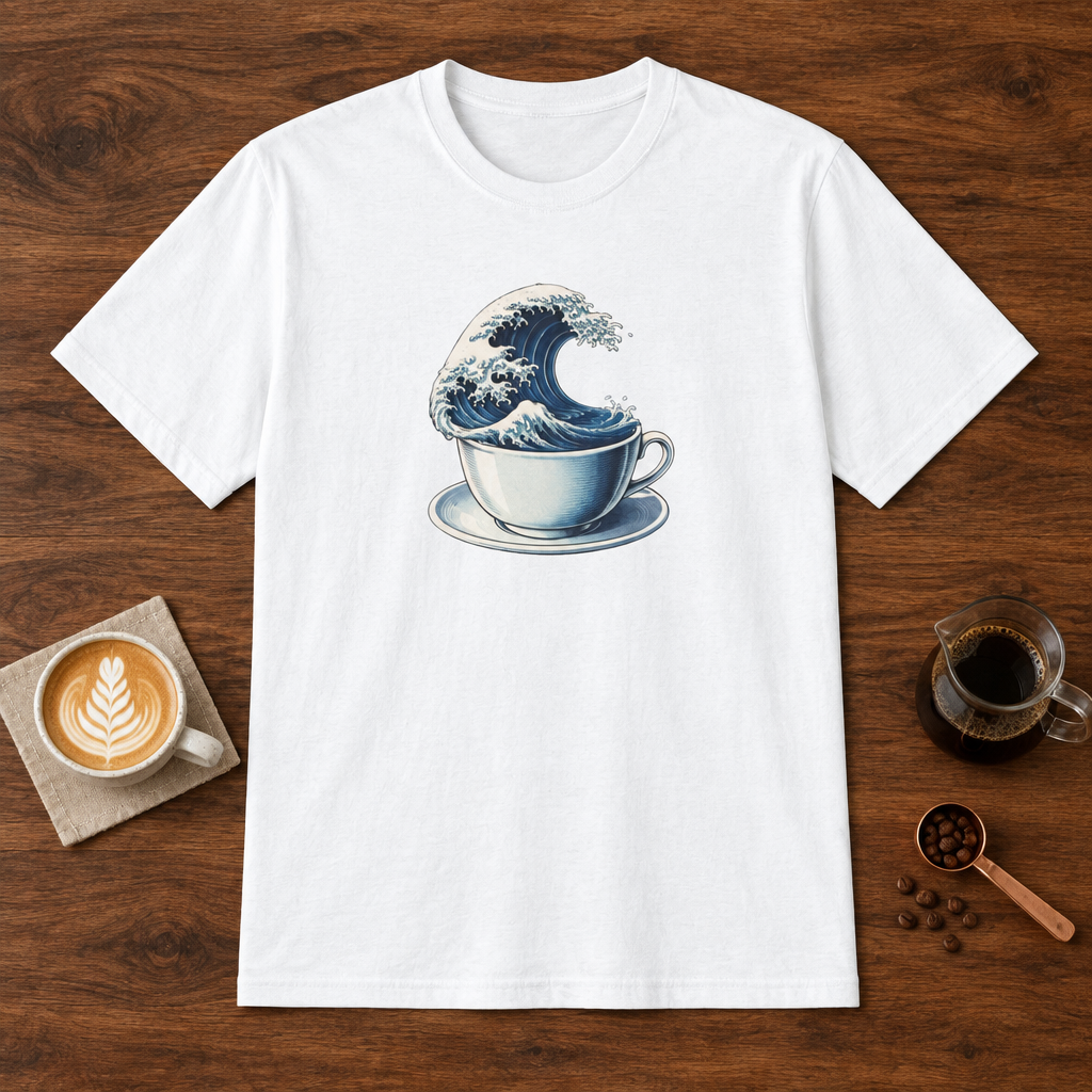 Coffee Tsunami T-Shirt White coffee bar mockup