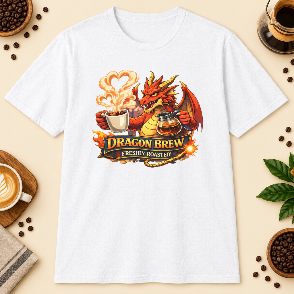 Dragon Brew T-Shirt in Graphite Heather, zoomed lifestyle mockup