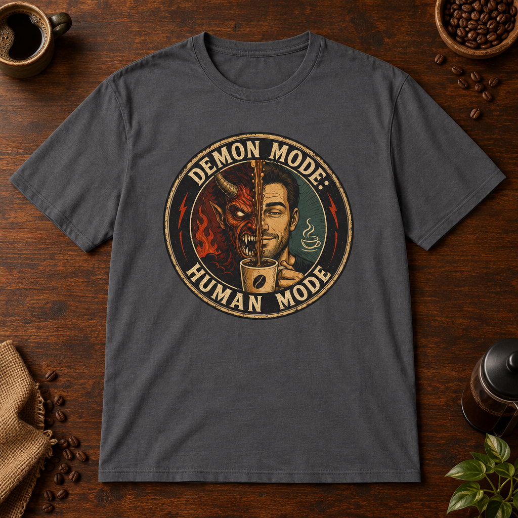 Demon Mode T-Shirt Charcoal coffee-bar flat lay