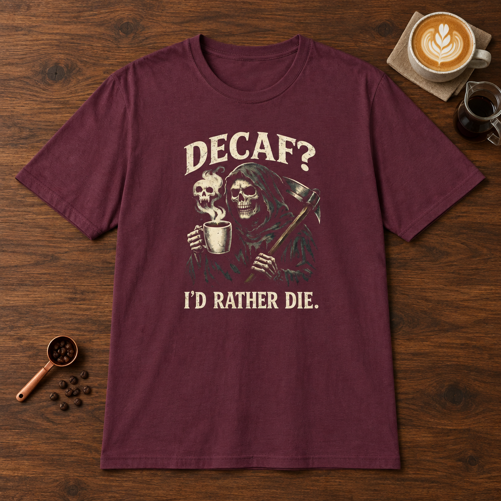 Decaf? T-Shirt Maroon coffee bar mockup