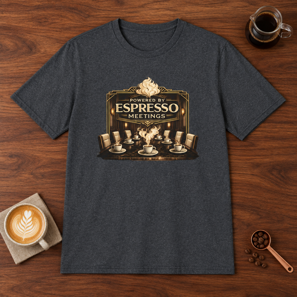 Powered by Espresso Meetings T-Shirt Dark Heather Grey coffee bar mockup