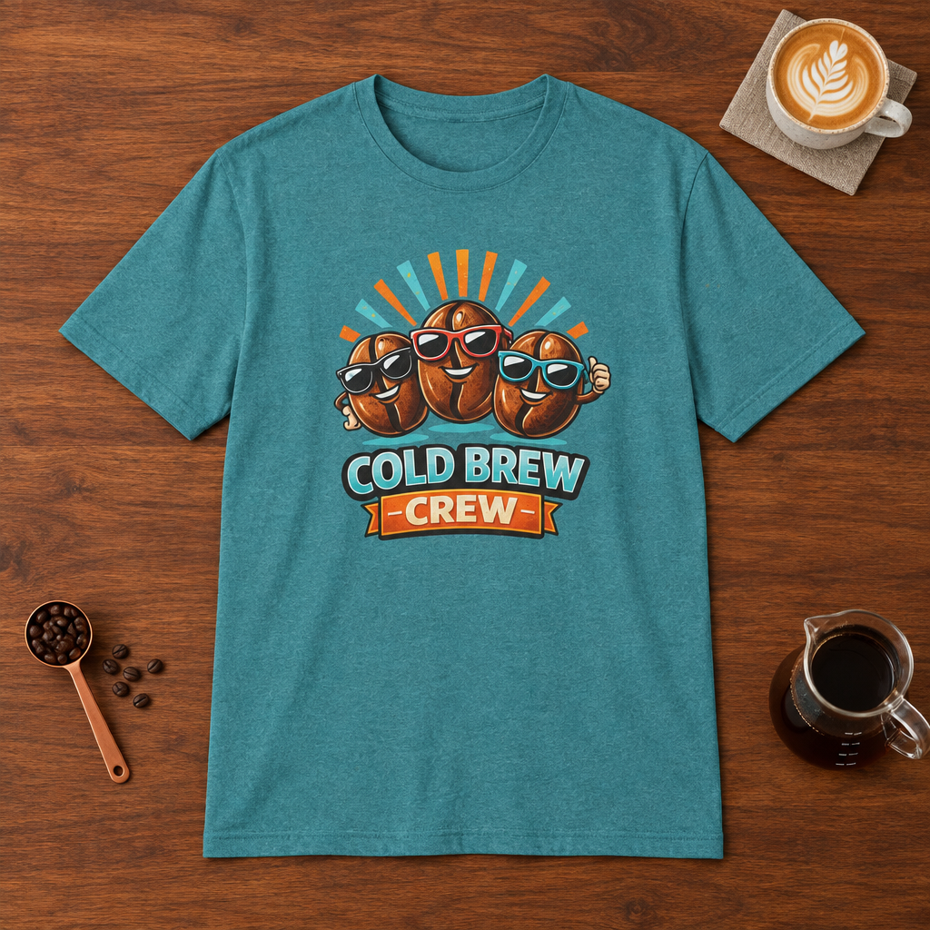 Cold Brew Crew T-Shirt Heather Galapagos Blue flat lay on walnut coffee bar